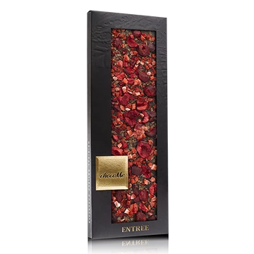 Kékfrankos borhoz - Valrhona 66% étcsokoládé, kakaóbab töret, liofilizált eperdarabok, liofilizált meggy