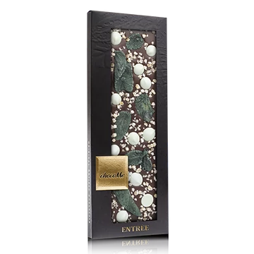 Valrhona 66% étcsokoládé, kandírozott fodormentalevél, lime ízű csokoládé pasztilla, kandírozott citromhéj