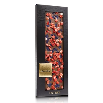 Tejcsokoládé, kandírozott ibolyaszirom, liofilizált eperdarabok