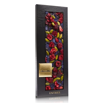 Valrhona 66% étcsokoládé, pisztácia, liofilizált meggy, kandírozott ibolyaszirom