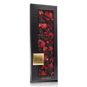 Valrhona 66% étcsokoládé, liofilizált feketeszeder, liofilizált málnadarabok, liofilizált meggy