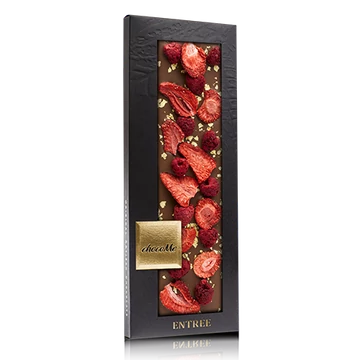 Tejcsokoládé, liofilizált eperszelet, liofilizált málnaszem, 23 karátos aranyfüst