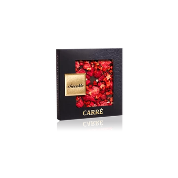 Pinot Noir borhoz - Valrhona 66% étcsokoládé, liofilizált eperdarabok, liofilizált málnadarabok, kandírozott rózsaszirom