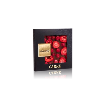 Tejcsokoládé, liofilizált eperszelet, liofilizált pirosribizli