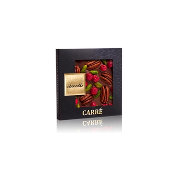 Tejcsokoládé, liofilizált pirosribizli, pisztácia, pekándió