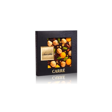 Valrhona 66% étcsokoládé, tört chili, mogyoró, pisztácia, narancs ízű csokoládé pasztilla