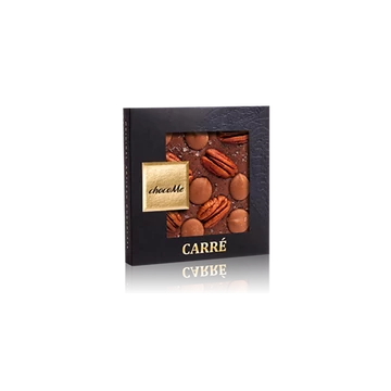 Valrhona 66% étcsokoládé, tört chili, mogyoró, pisztácia, narancs ízű csokoládé pasztilla