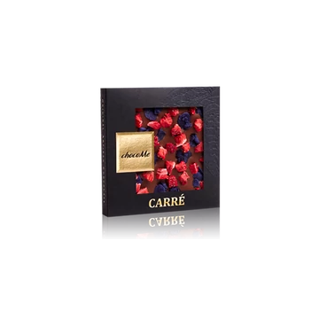 Tejcsokoládé, kandírozott ibolyaszirom, liofilizált eperdarabok