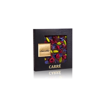 Valrhona 66% étcsokoládé, kandírozott ibolyaszirom, pisztácia, liofilizált meggy