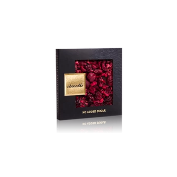 Étcsokoládé - hozzáadott cukor nélkül, liofilizált feketeszeder, liofilizált meggy, liofilizált málnadarabok