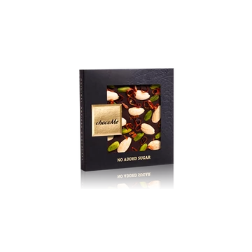 Étcsokoládé - hozzáadott cukor nélkül, chili karika, pisztácia, mandula