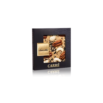 Valrhona 32% szőkecsokoládé, fekete só, pekándió, kesudió