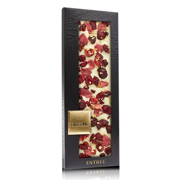 Fehércsokoládé, liofilizált meggy, kandírozott rózsaszirom, 23 karátos aranyfüst