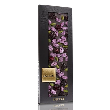 Valrhona 66% étcsokoládé, pisztácia, liofilizált feketeszeder, liofilizált kékáfonyás joghurt